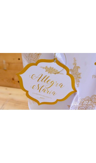 Trusou botez alb cu gold elegant si special cu broderie customizata Boho 18
